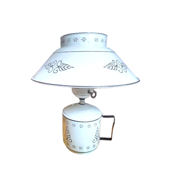 Vintage Toleware Ivory & Black Tole Metal & Glass Chimney Electric Desk Lamp 16" - Picture 2 of 13